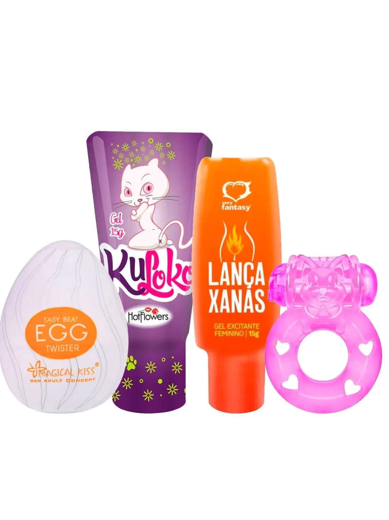 Kit com Dessensibilizante Kuloko Lança Xanas Gel Excitante Masturbador Egg Twister e Anel Peniano