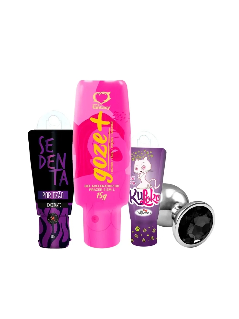 Kit com Sedenta por Tesão Plug Anal Tamanho P Excitante Goze + e Kuloko Gel Dessensibilizante
