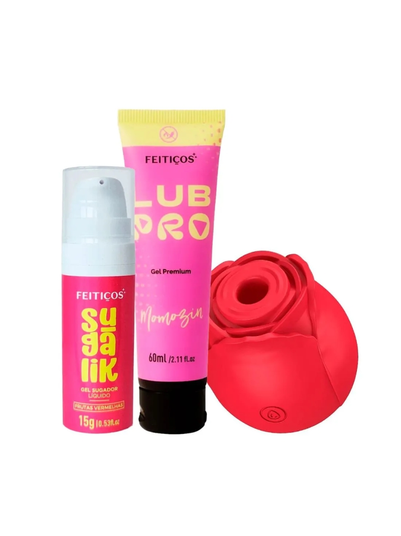 Kit com Babalub Lubrificante Beijável Rosa Estimuladora de Clitóris e Sugalik Sugador Líquido